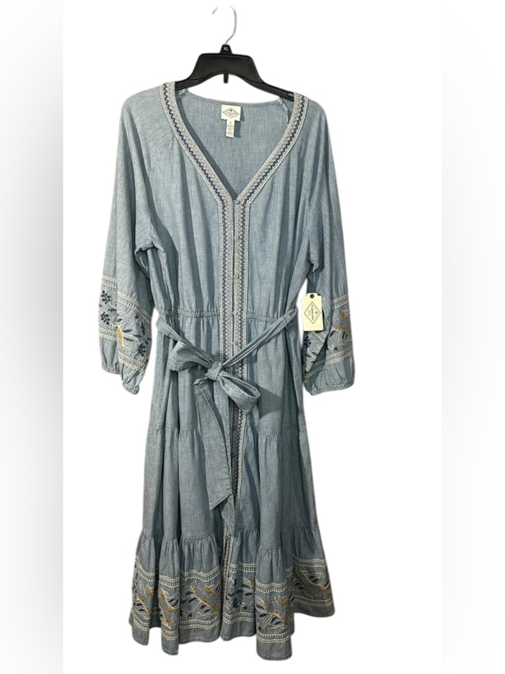 NWT St. John’s Bay Embroidered Chambray Boho Midi Dress Tie Waist Size XL